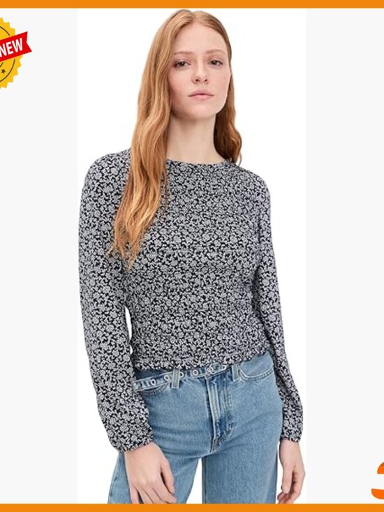 Tops - Smocked Boatneck Top with Floral Print, Lightweight Stretch Jersey Fabric